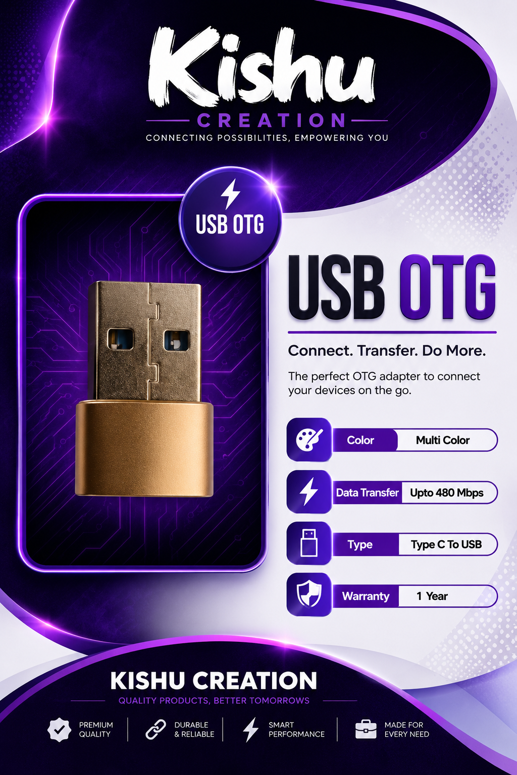 PACK OF - ( 5 ) USB OTG Adapter – Fast Data Transfer | Type-C to USB | Kishu Creation