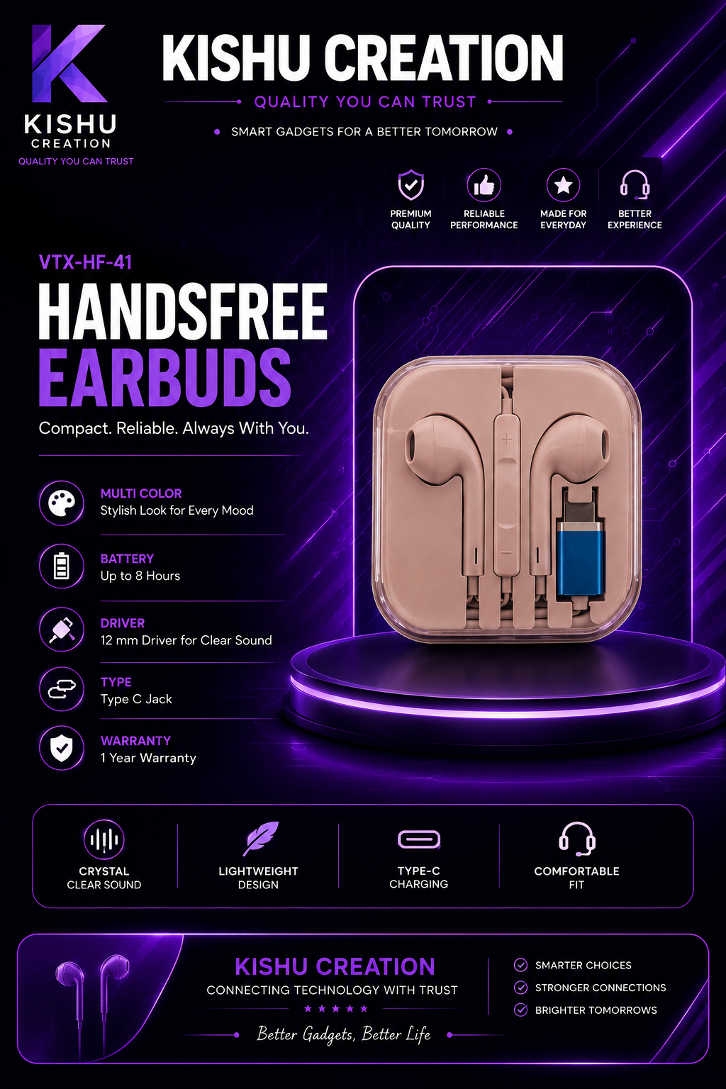 KISHU CREATION VTX-HF-41 Type-C Wired Handsfree Earphones | 12 mm Driver | HD Stereo Sound | Built-in Microphone | Multi Color