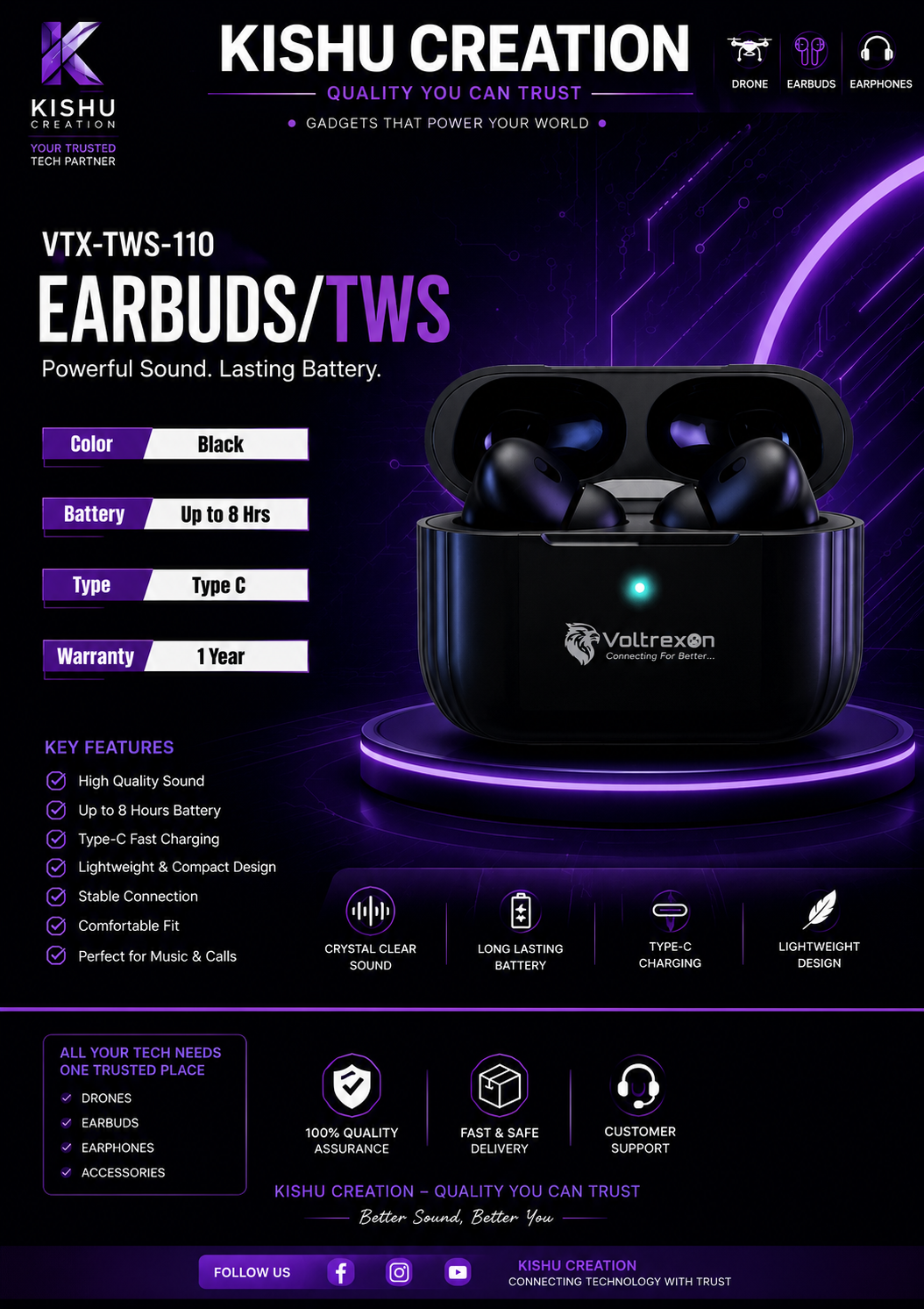 KISHU CREATION VTX-TWS-110 Wireless Bluetooth Earbuds | Up to 24 Hours Battery | Type-C Fast Charging | HD Stereo Sound
